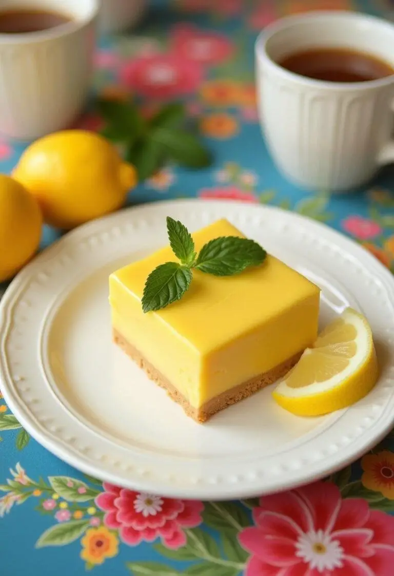 Plated Wisteria Lane Lemon Squares with lemon slice and mint garnish, ready for serving.