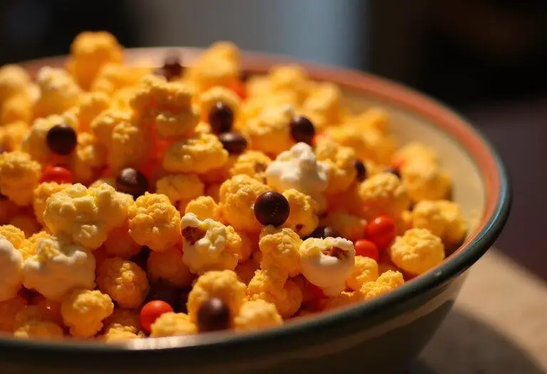 Finished E.T. Reese’s Pieces Popcorn Mix in a serving bowl, perfect for snacking.