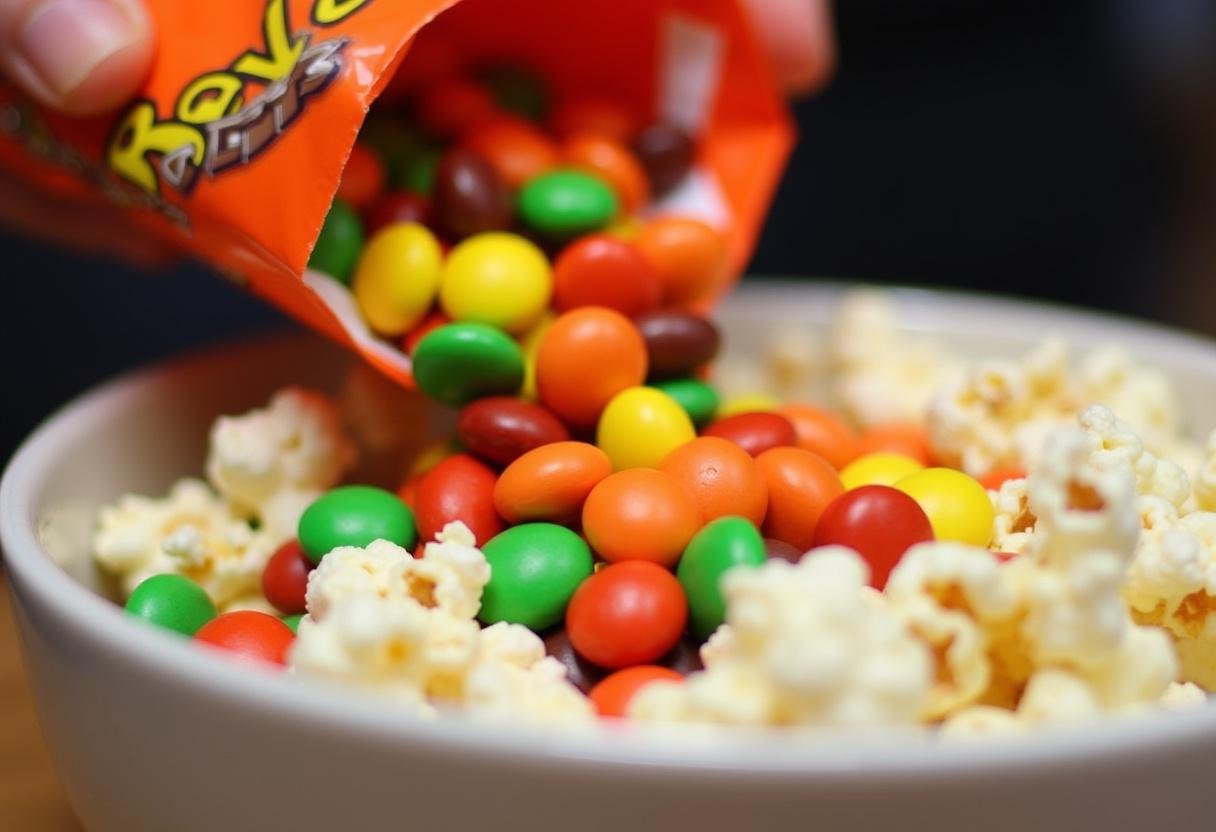 Reese's Pieces being added to popcorn for E.T. Reese’s Pieces Popcorn Mix.