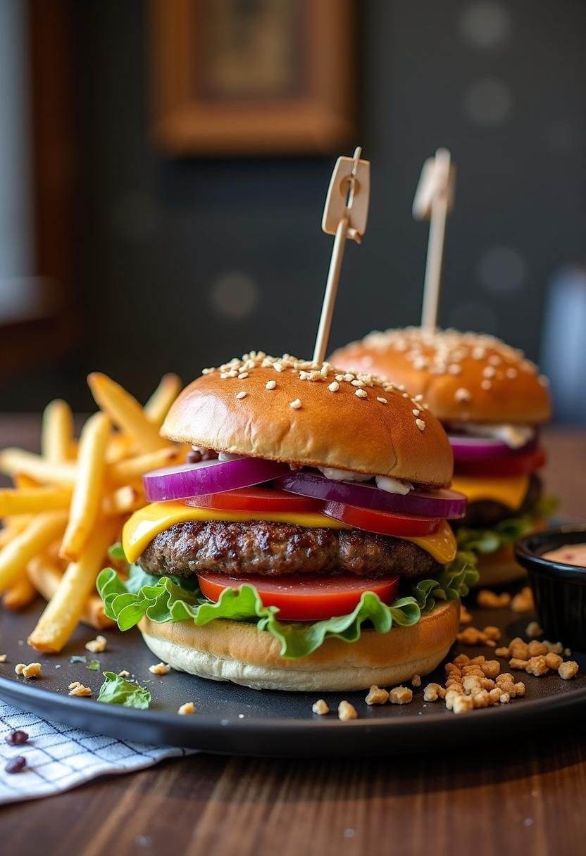 Completed Falcon and Winter Soldier Shield Burgers served with fries, ideal for a themed meal.
