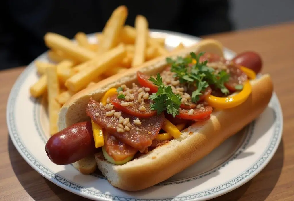 Classic Ferris Bueller's Chicago Dog with all traditional toppings, ready to enjoy.