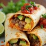 Sliced Friends Breakfast Burritos presented with salsa and avocado, perfect for sharing with friends.
