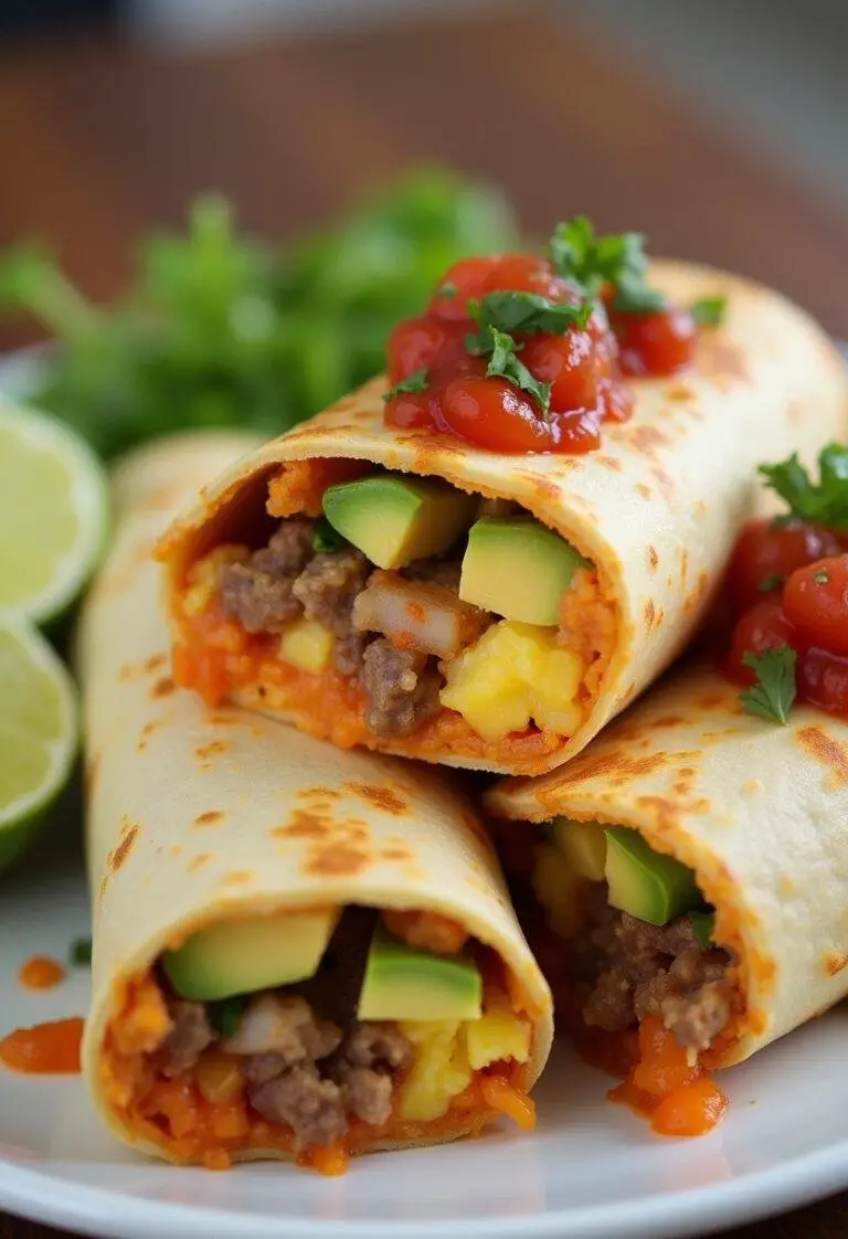 Sliced Friends Breakfast Burritos presented with salsa and avocado, perfect for sharing with friends.