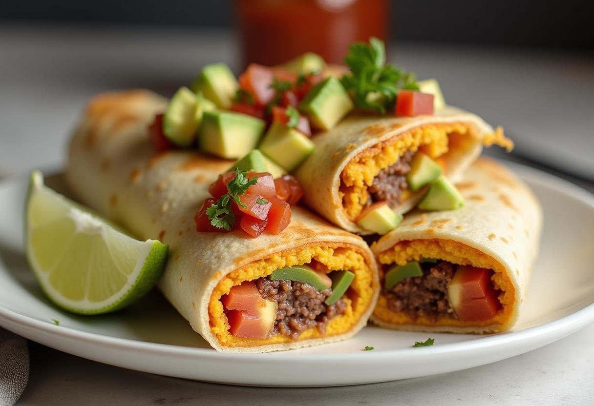 Sliced Friends Breakfast Burritos presented with salsa and avocado, perfect for sharing with friends.