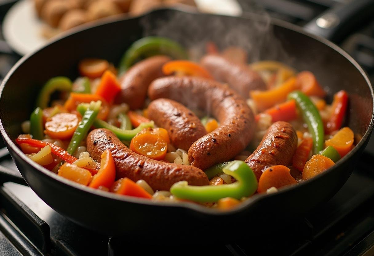 Sizzling vegetables and sausage in a skillet for Friends Breakfast Burrito preparation.