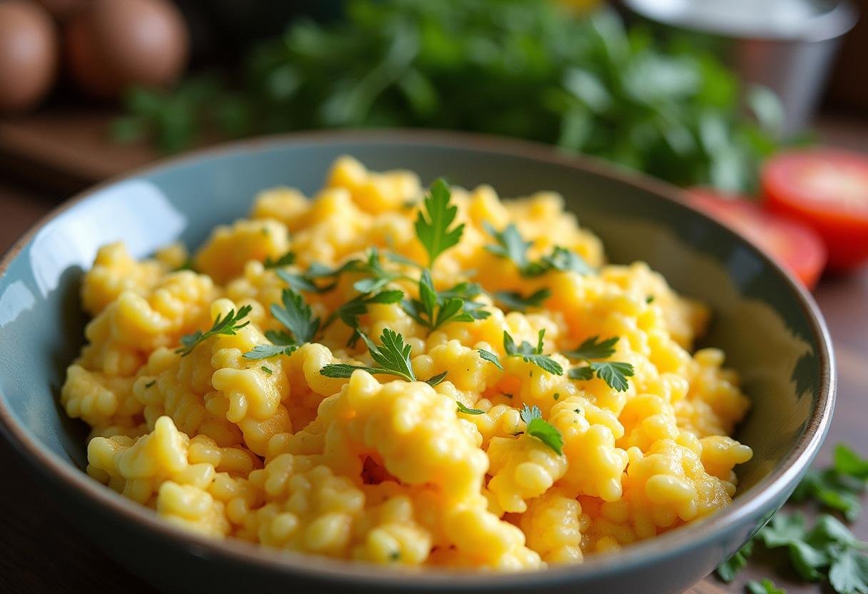 Fluffy scrambled eggs and fresh herbs prepared for Friends Breakfast Burrito filling.