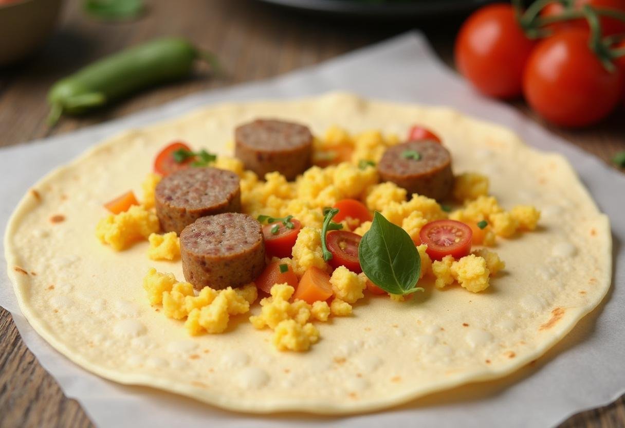 Ingredients layered on a tortilla for assembling Friends Breakfast Burrito.