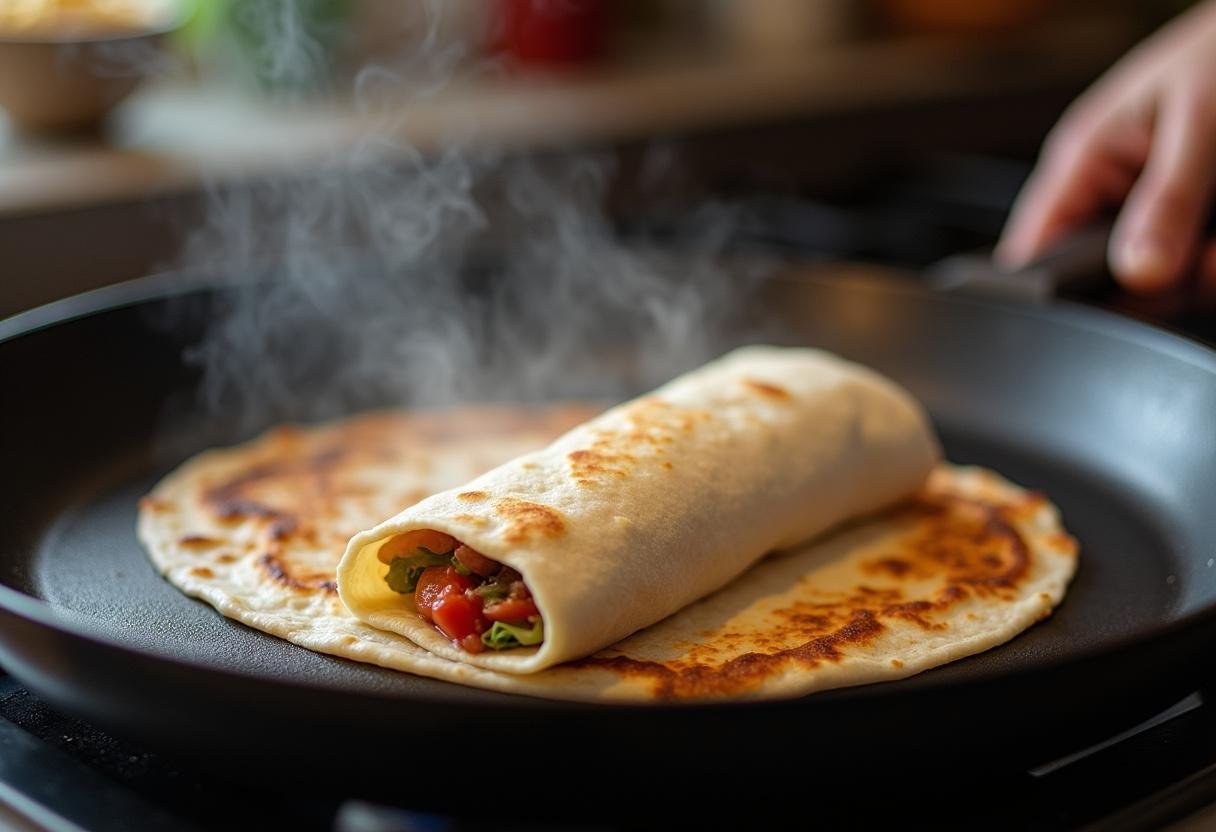 Cooking a rolled Friends Breakfast Burrito in a skillet to achieve a crispy exterior.