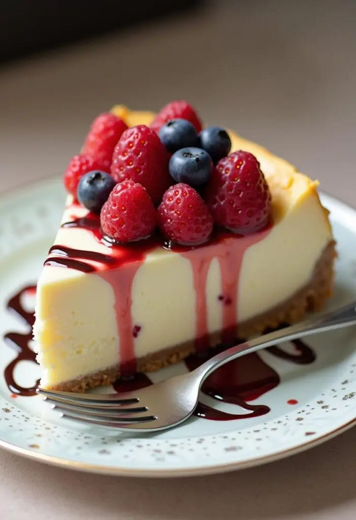 Finished Friends Cheesecake with fresh berries and chocolate drizzle, ready to enjoy.