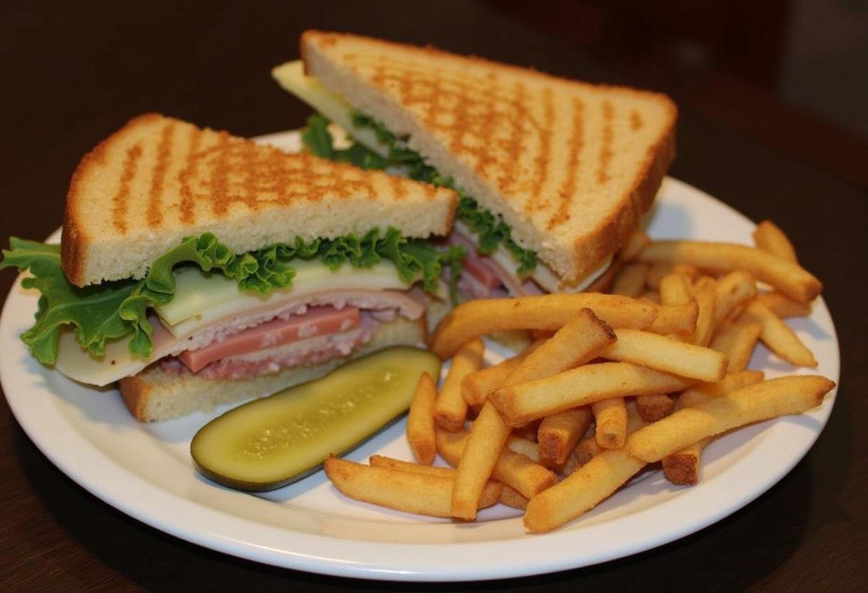 Finished Ross's Moist Maker Turkey Sandwich with layers visible, served with fries and pickle.
