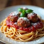 Finished spaghetti and meatballs garnished with basil and parmesan, ready for a cozy dinner.
