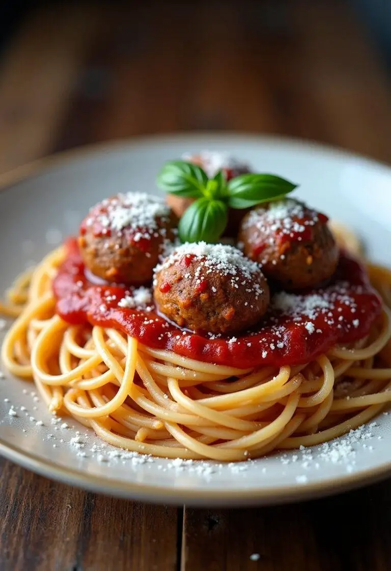 Finished spaghetti and meatballs garnished with basil and parmesan, ready for a cozy dinner.