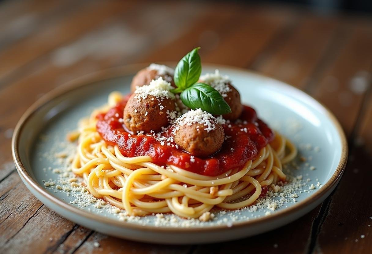 Finished spaghetti and meatballs garnished with basil and parmesan, ready for a cozy dinner.