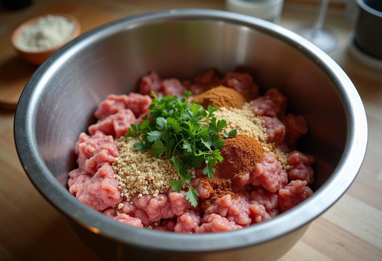 Mixing minced meat with breadcrumbs and spices for spaghetti and meatballs.