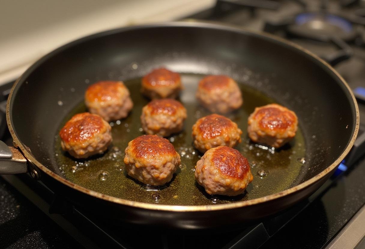 Browning meatballs in a skillet for spaghetti and meatballs recipe.