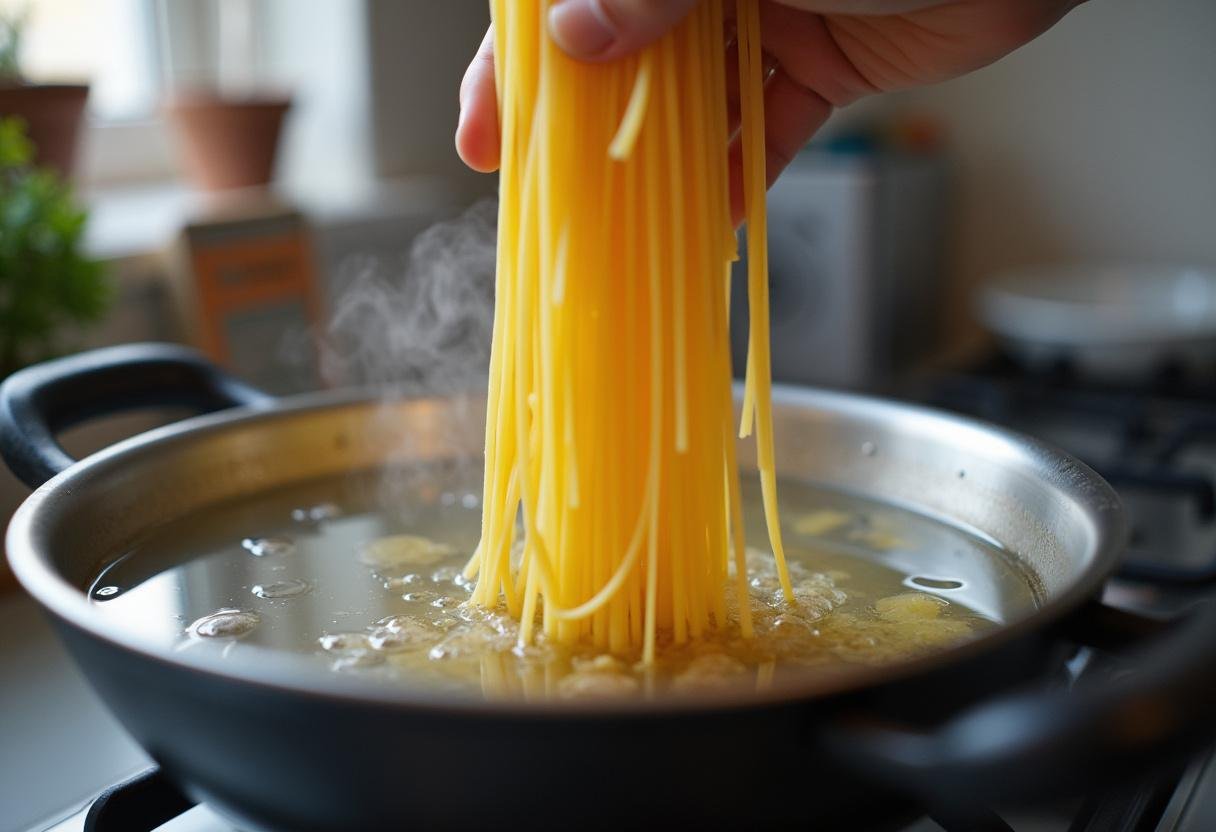 Cooking spaghetti in boiling water as part of the friends spaghetti and meatballs preparation.