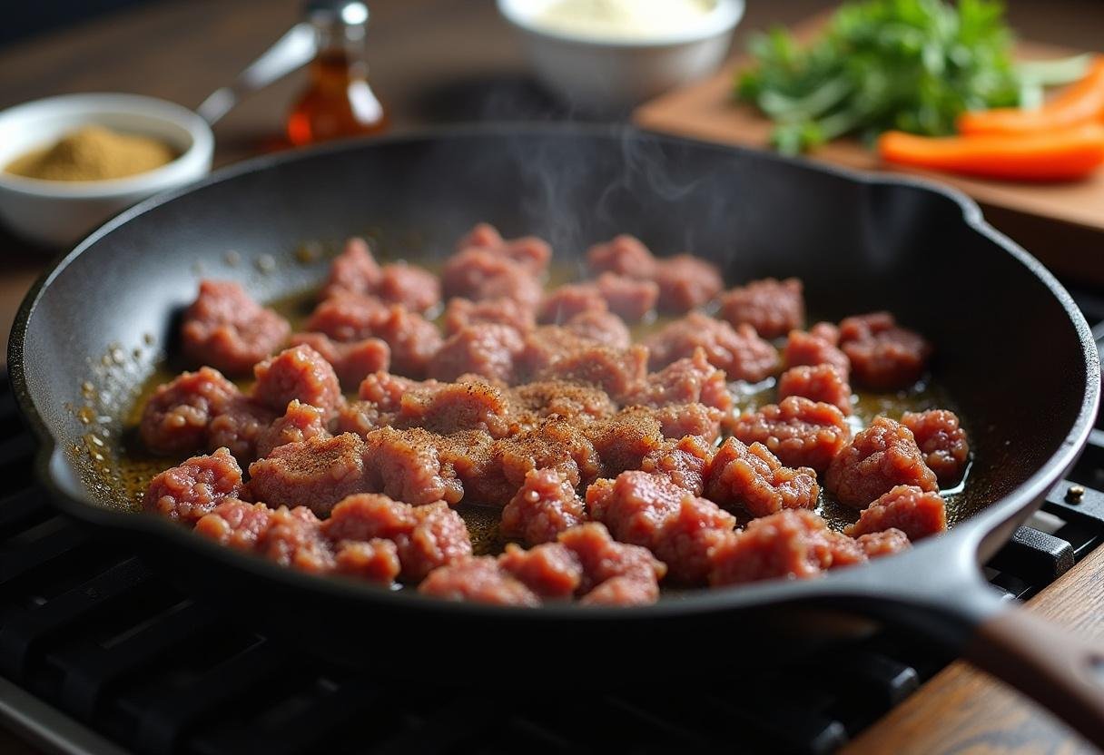 Cooking seasoned ground beef for tacos in a grill pan for Tanner Family Taco Platter.