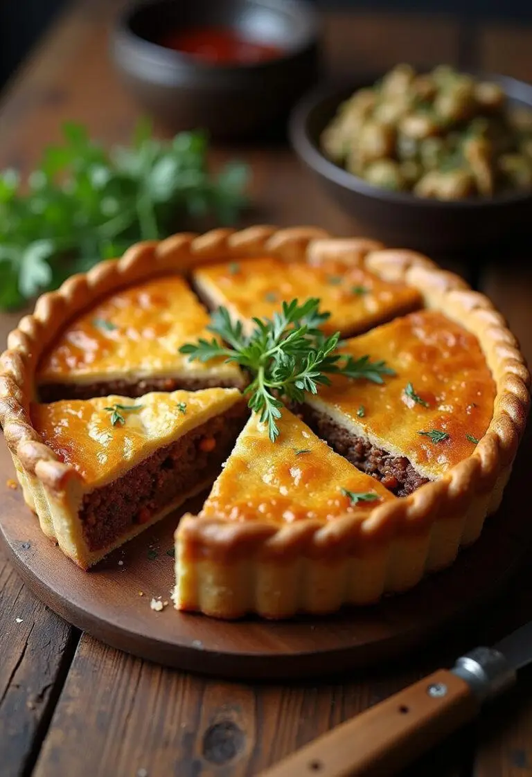 Golden-brown Game of Thrones Meat Pie served on a rustic table, perfect for a feast.