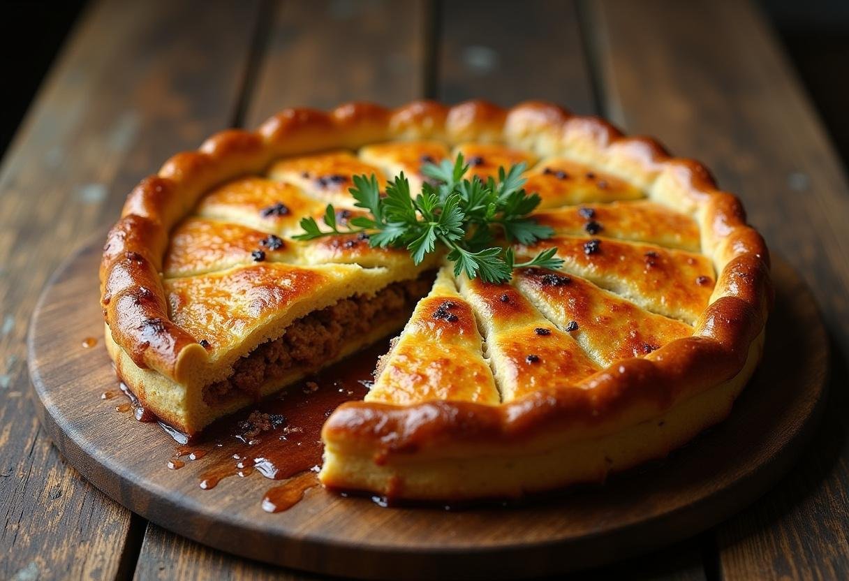Golden-brown Game of Thrones Meat Pie served on a rustic table, perfect for a feast.
