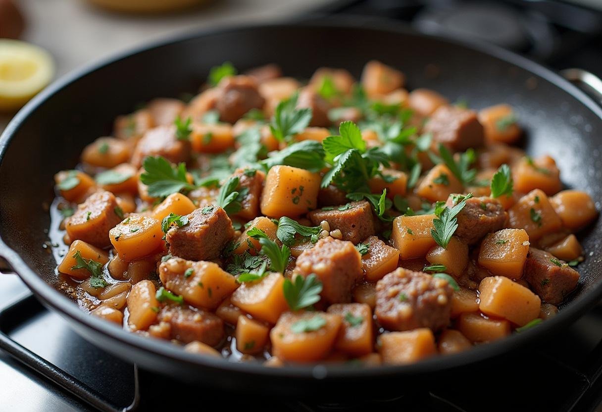 Cooking meat and vegetables in a skillet for Game of Thrones Meat Pie filling.