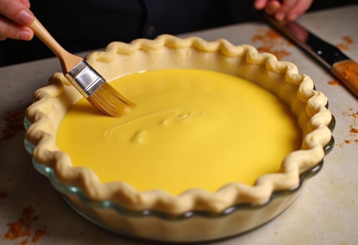Brushing egg wash on the Game of Thrones Meat Pie before baking.