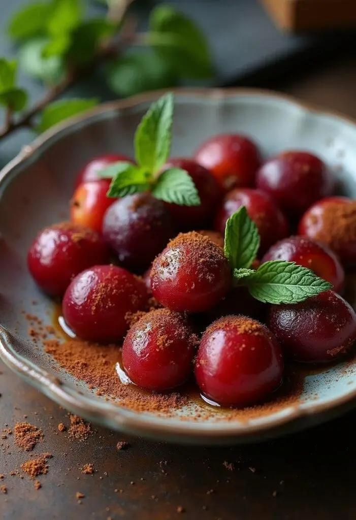 Caramelized spiced plums served on a rustic platter, ideal for a Game of Thrones dinner party.