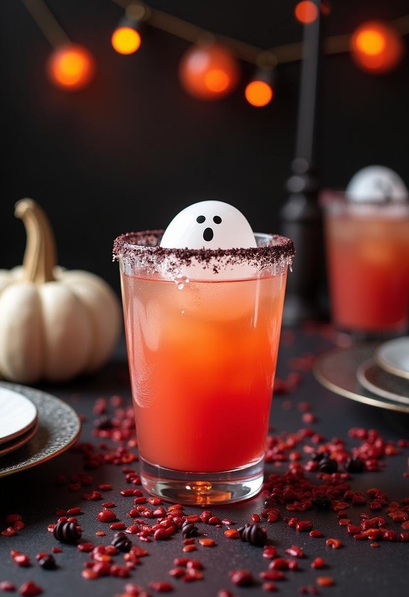 Finished glass of Ecto Cooler Punch with ghost ice cube, ideal for Halloween festivities.