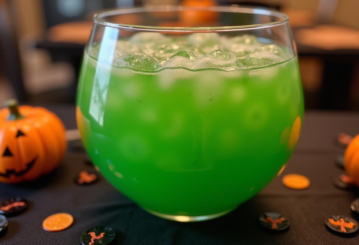 Vibrant green Ecto Cooler Punch in a punch bowl, a perfect Halloween drink.
