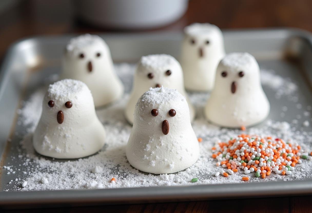 Marshmallow ghosts being coated in sugar for a festive presentation of Ghostbusters Stay Puft Marshmallows.