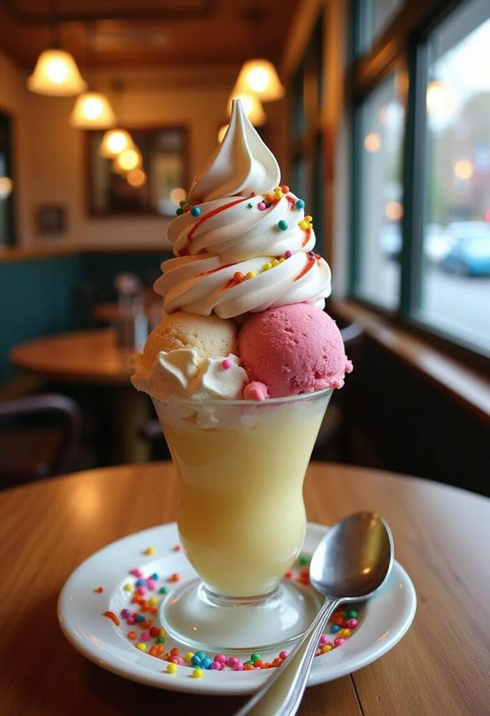 Finished Gilmore Girls Ice Cream Sundae, showcasing vibrant toppings and enticing presentation.