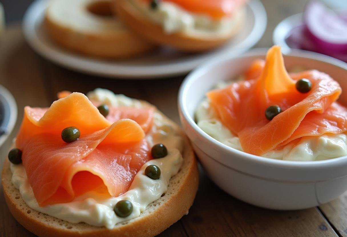 Smoked salmon slices prepared for topping Gossip Girl Upper East Side Bagels.