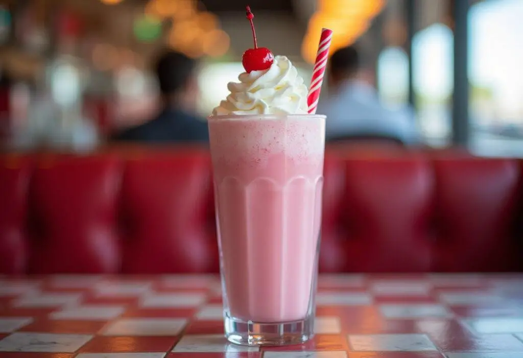 Finished Grease Pink Ladies Milkshake with whipped cream and cherry, perfect for a retro treat.