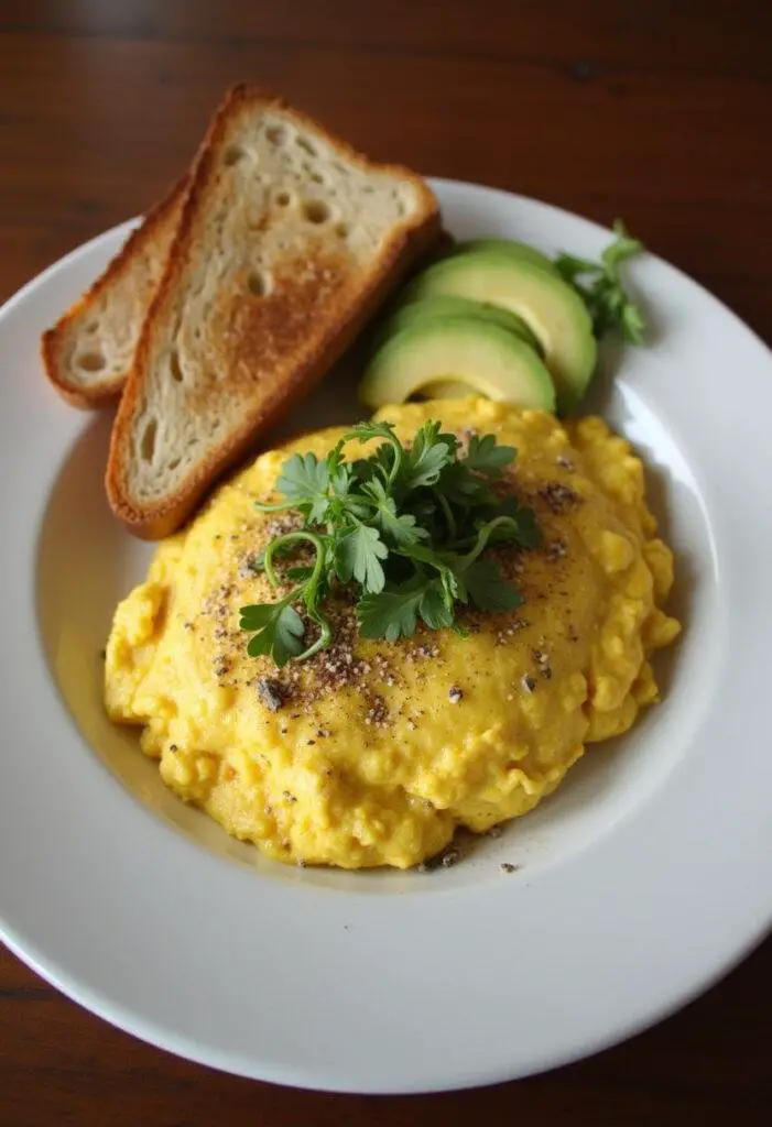 Finished Grey's Anatomy McDreamy's Omelet elegantly plated with herbs and served with toast and avocado.
