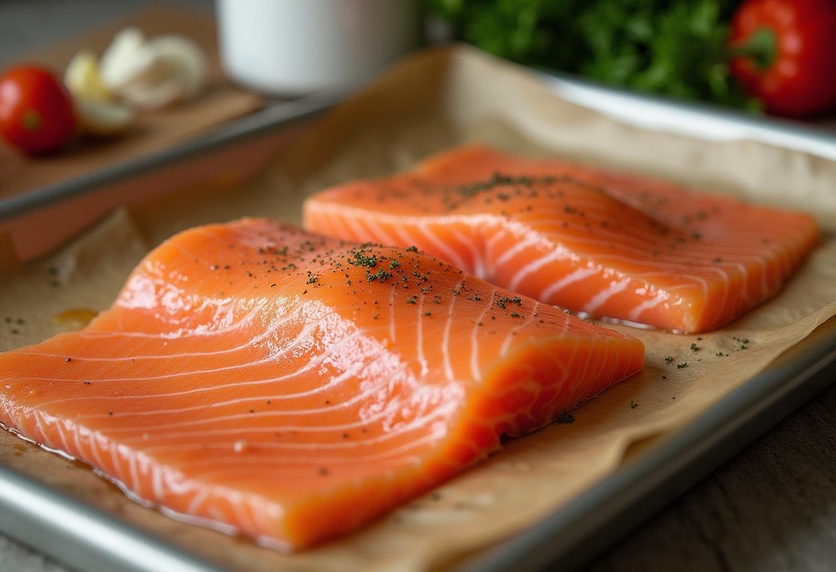 Fresh salmon fillets arranged in a baking dish for Grey’s Anatomy Seattle Grace Salmon Bake.