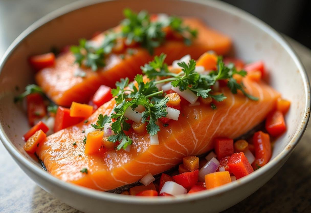 Colorful vegetable mixture prepared for topping salmon in Grey’s Anatomy Seattle Grace Salmon Bake recipe.