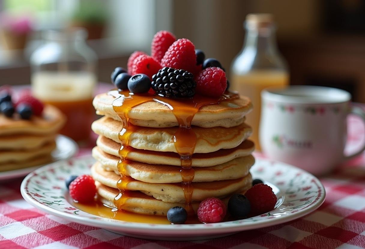 Finished Groundhog Day Repeatable Pancake Stack with syrup and berries, perfect for breakfast.
