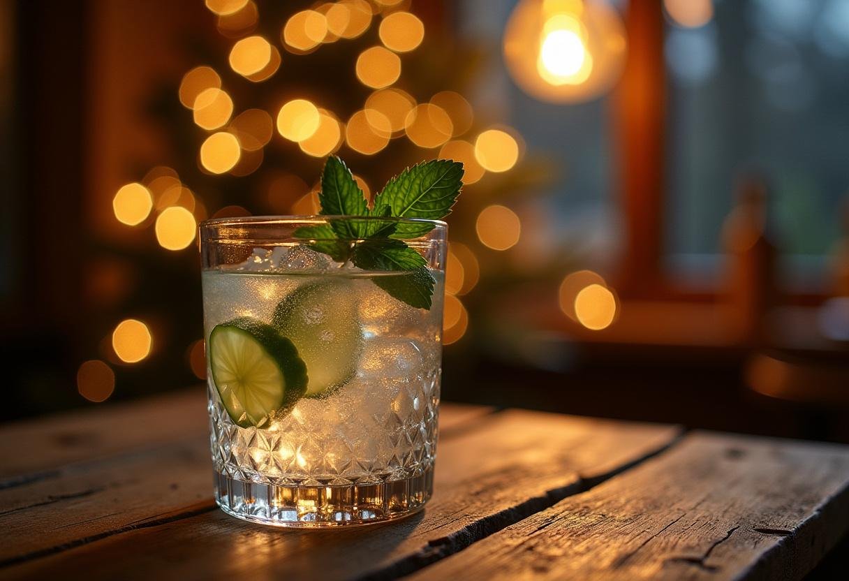 Finished Harry Potter Gillywater served in a glass with fresh ingredients, perfect for an enchanting gathering.