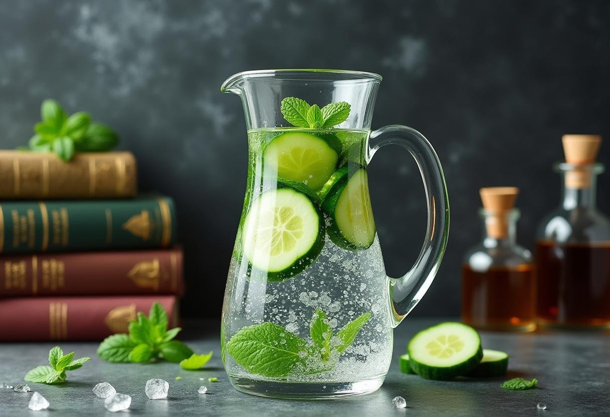 Ingredients for Harry Potter Gillywater with sparkling water, cucumber, and mint for a refreshing drink.