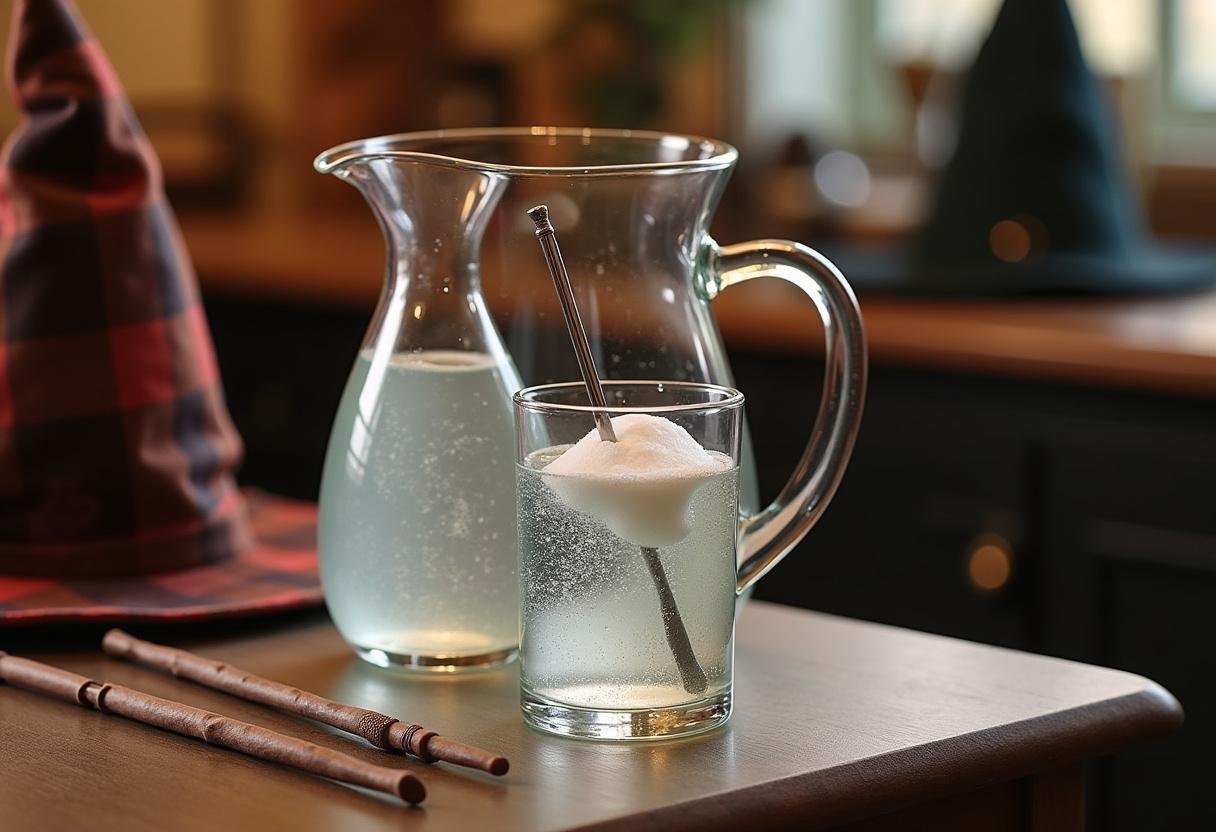 Stirring sugar into sparkling Gillywater for a sweet, refreshing flavor inspired by Harry Potter.