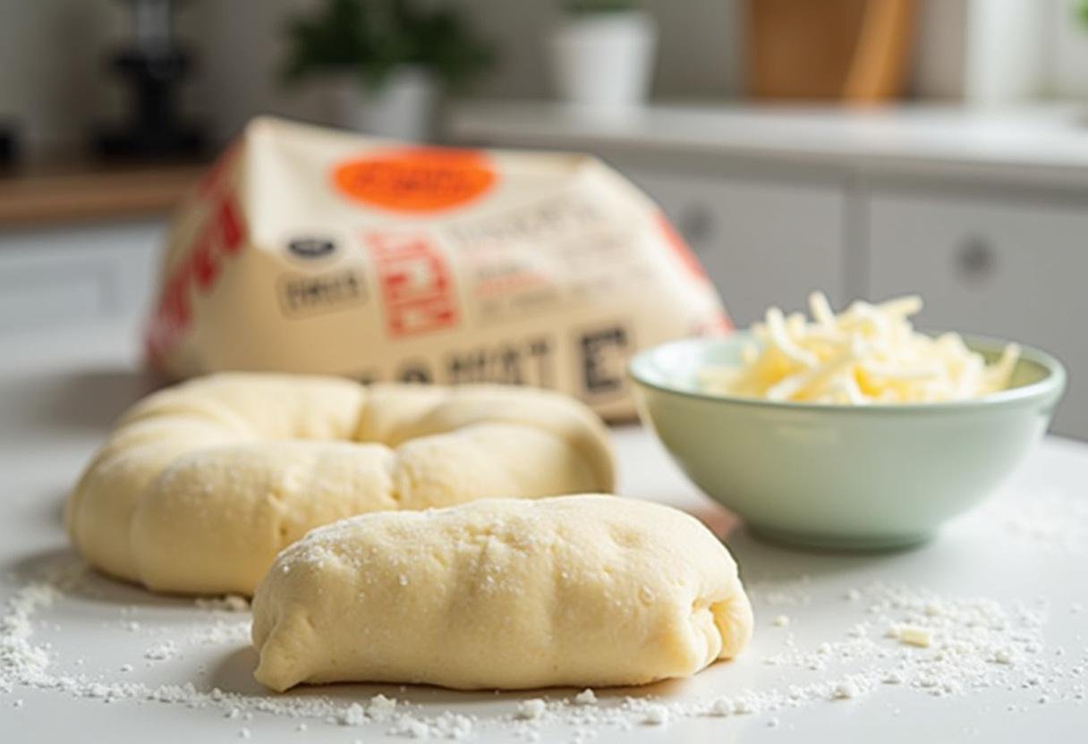 Ingredients for Home Alone Cheese Pizza Rolls including pizza dough and mozzarella cheese on a countertop.