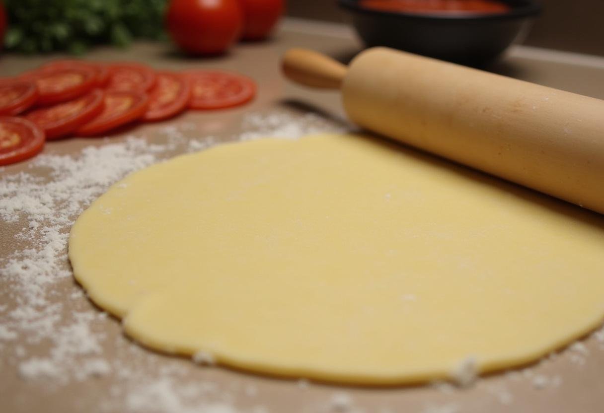 Rolling out pizza dough for cheese pizza rolls, surrounded by pizza sauce and pepperoni slices.