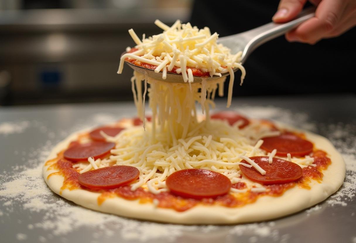 Cheese and pepperoni filling being prepared for Home Alone Cheese Pizza Rolls on pizza dough.