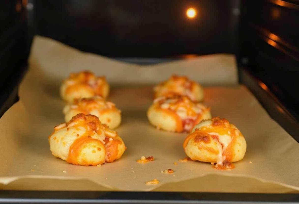Cheese pizza rolls arranged on a baking tray, ready to be baked in the oven.