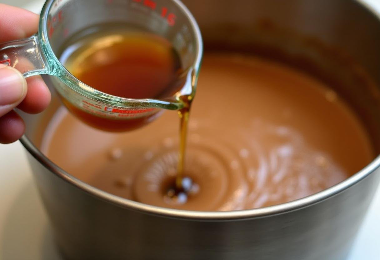 Adding scotch whiskey to the fudge mixture for Barney’s Scotch-Infused Fudge.
