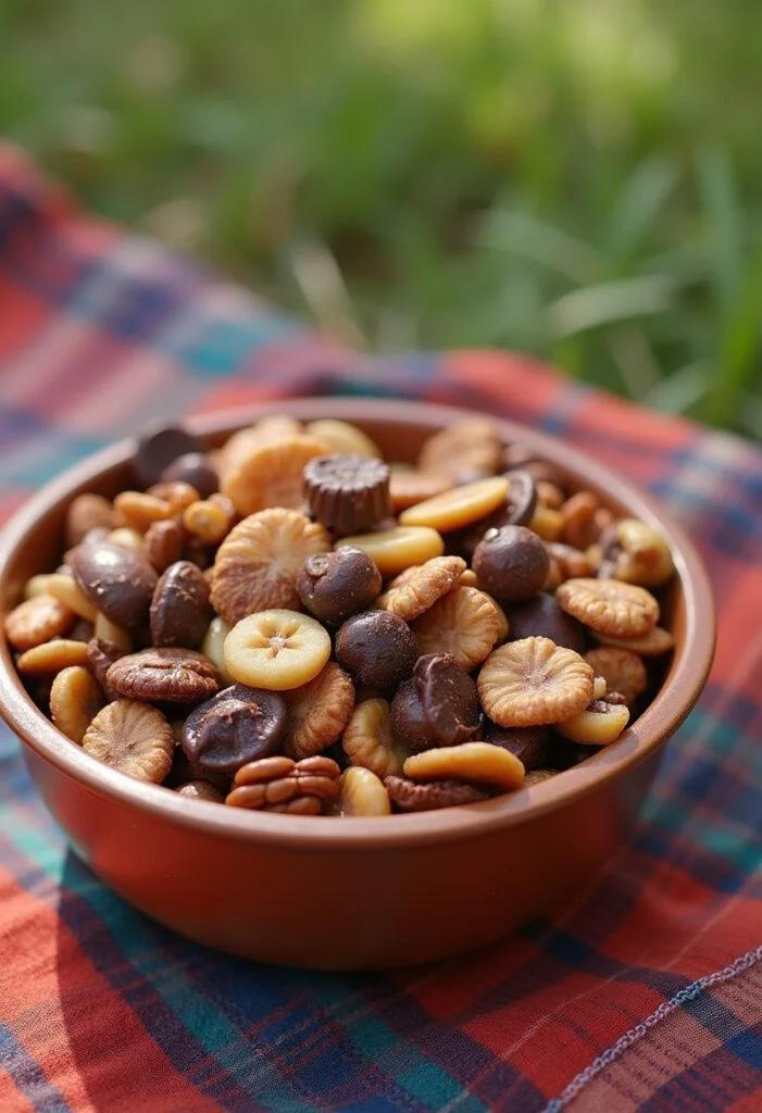 Finished Indiana Jones Trail Mix in a bowl, perfect for outdoor adventures and snacking.