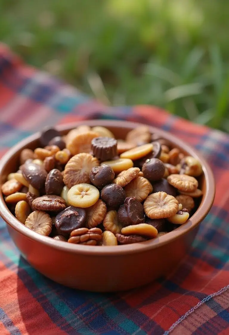 Finished Indiana Jones Trail Mix in a bowl, perfect for outdoor adventures and snacking.