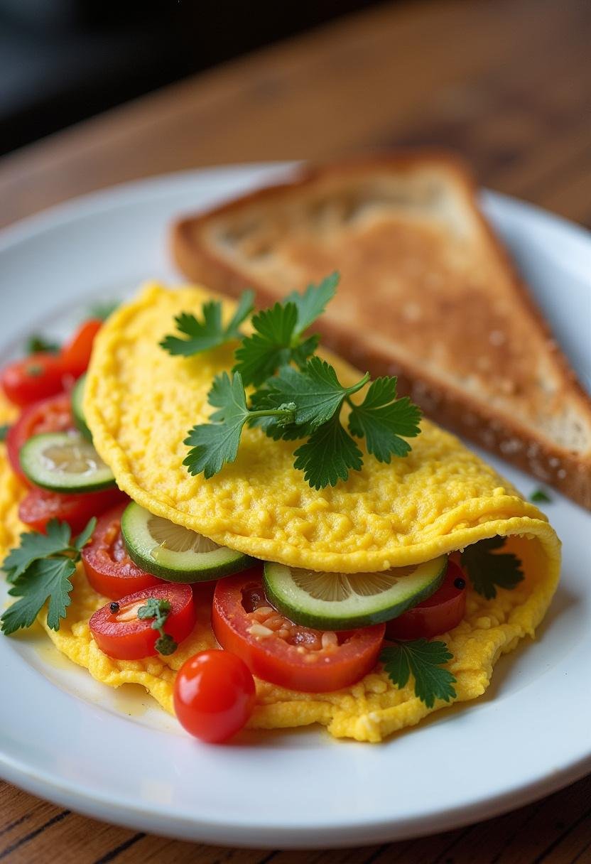 Finished Invincible Omni-Man Omelet, vibrant and delicious, served on a plate with toast.