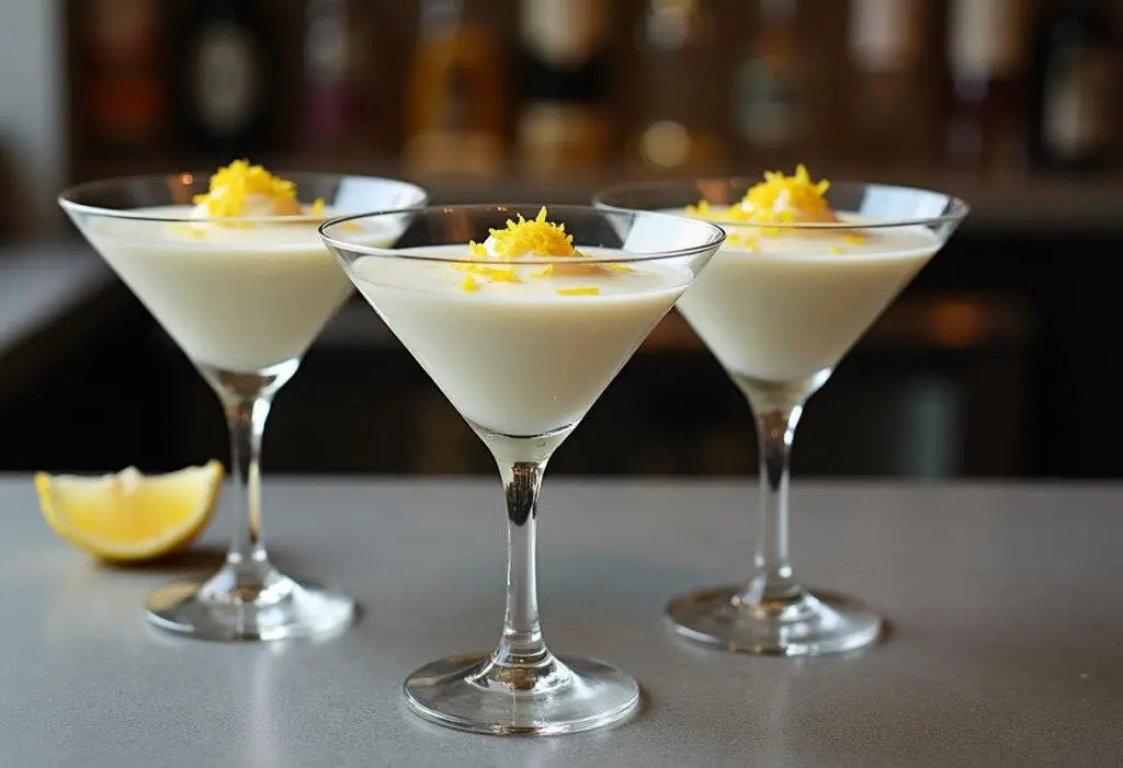 Elegant James Bond Vesper Martini Mousse served in martini glasses, perfect for a stylish cocktail dessert.