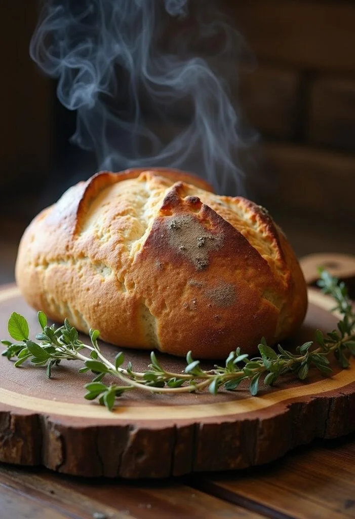 Freshly baked Hobbiton Herb Bread on a rustic board, perfect for serving in a Hobbit feast.