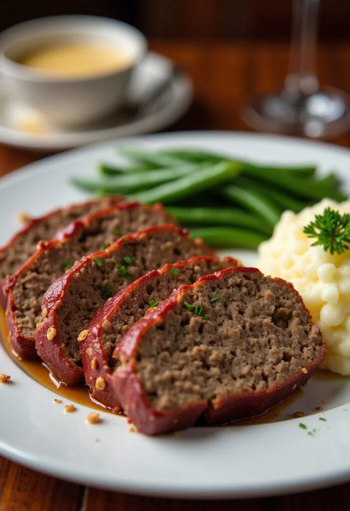 Finished sliced Lost Hatch Mystery Meatloaf, beautifully plated with sides, ideal for a hearty meal.